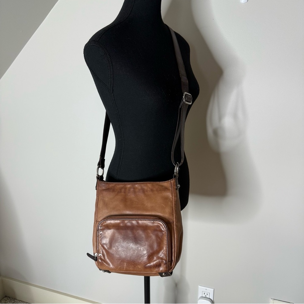 DANIER Leather Camel Tan Brown Crossbody Bag Multi Zipper Adjustable Strap *Flaw - Picture 16 of 16